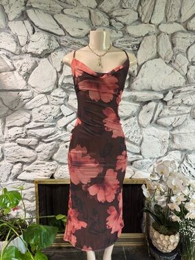 Floral Cowl Midi Dress in Coral and Chocolate